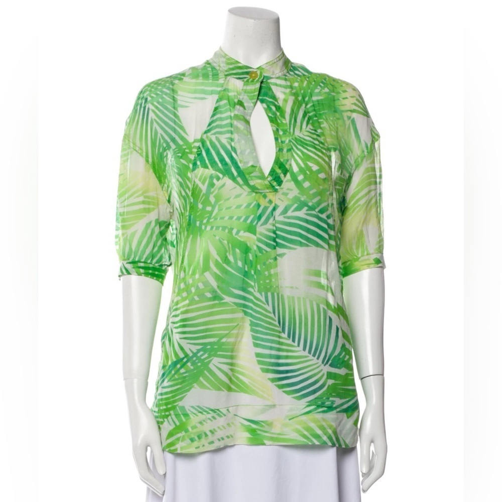 Diane von Furstenberg tunic, thin cotton beach cover, green leaves print, sz 10